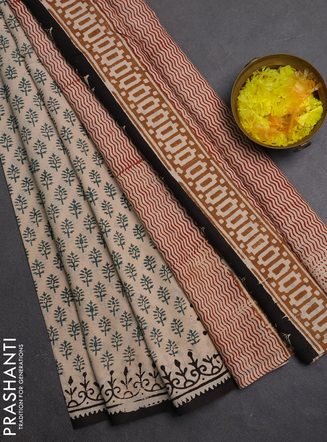 Jaipur cotton saree beige green and coffee brown with allover butta prints and printed border