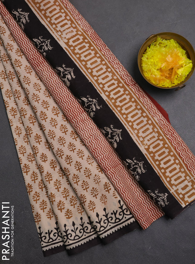 Jaipur cotton saree beige mustard yellow and coffee brown with allover butta prints and printed border