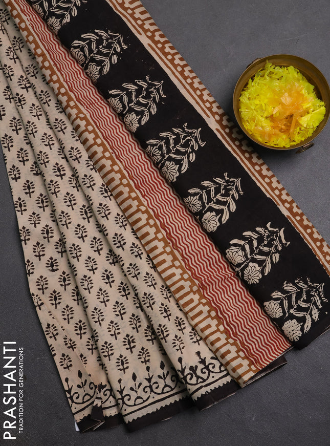 Jaipur cotton saree beige and coffee brown with allover butta prints and printed border