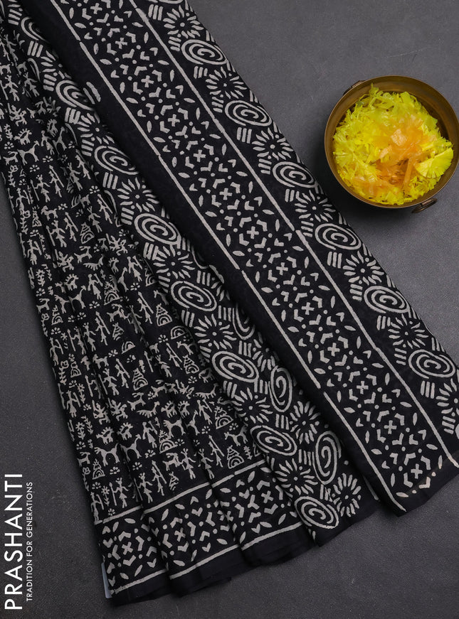 Jaipur cotton saree black with allover warli prints and printed border