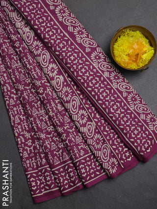Jaipur cotton saree magenta pink with allover warli prints and printed border