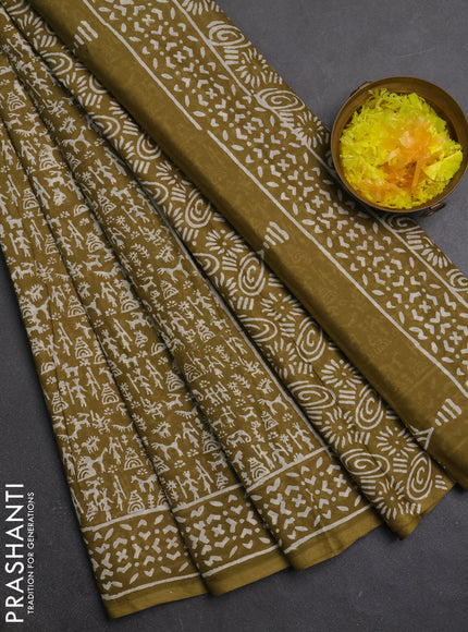 Jaipur cotton saree mehendi green with allover warli prints and printed border
