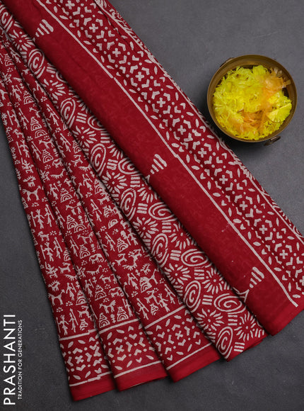 Jaipur cotton saree maroon with allover warli prints and printed border