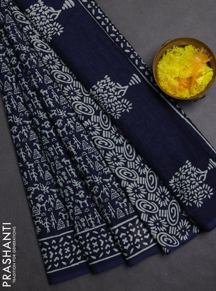 Jaipur cotton saree navy blue with allover warli prints and printed border