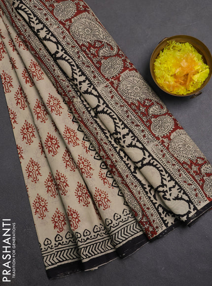 Jaipur cotton saree beige maroon and black with allover butta prints and printed border
