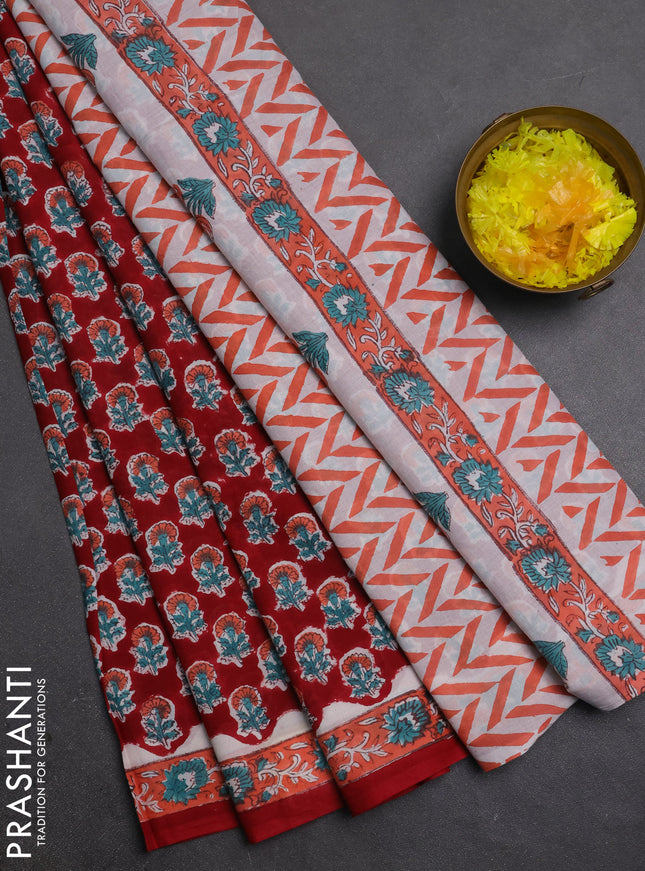 Jaipur cotton saree red and peach with allover floral butta prints and printed border