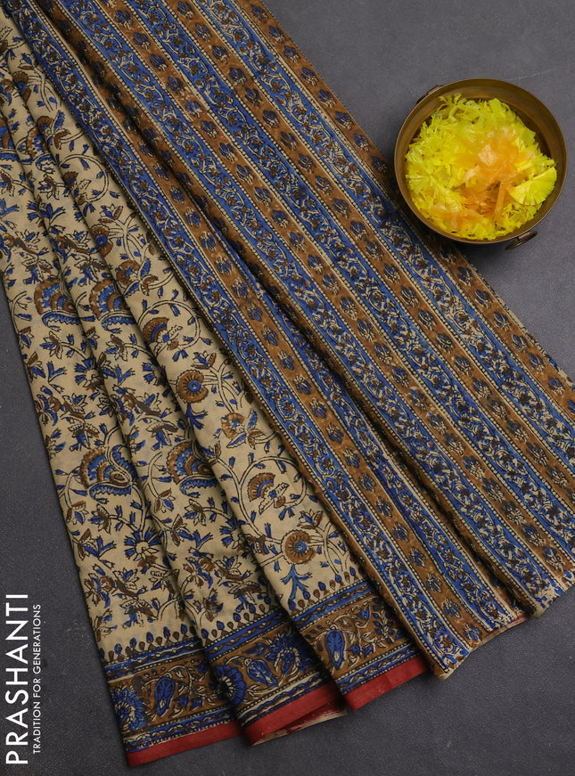 Jaipur cotton saree beige and dark mustard with allover prints and printed border