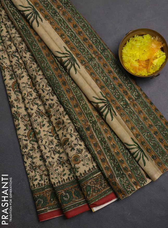 Jaipur cotton saree beige and dark mustard with allover prints and printed border