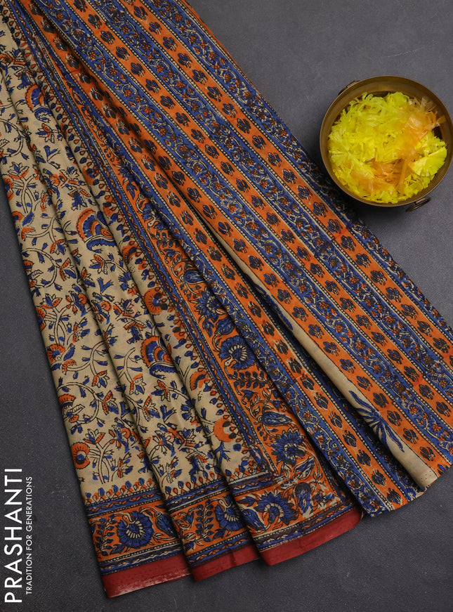 Jaipur cotton saree beige and orange with allover prints and printed border