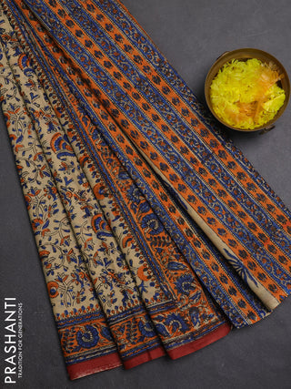 Jaipur cotton saree beige and orange with allover prints and printed border
