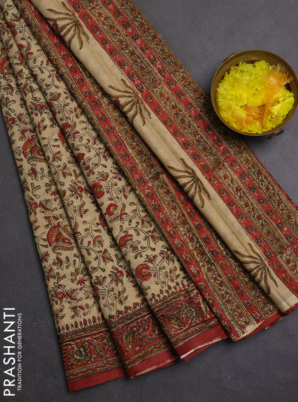 Jaipur cotton saree beige and maroon with allover prints and printed border