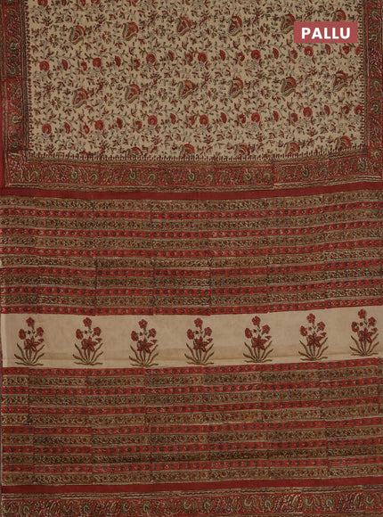 Jaipur cotton saree beige and maroon with allover prints and printed border