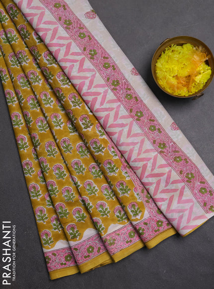 Jaipur cotton saree mustard yellow and pink with allover floral butta prints and printed border