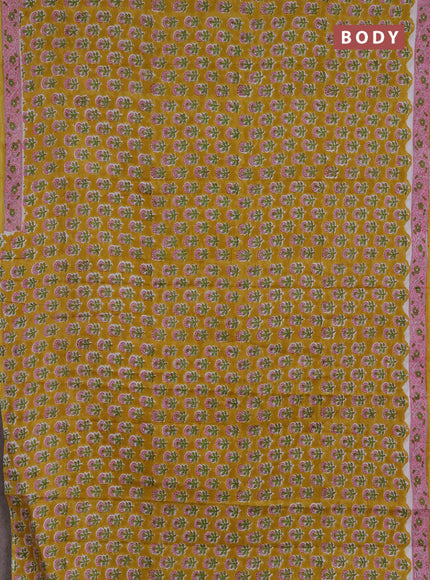 Jaipur cotton saree mustard yellow and pink with allover floral butta prints and printed border