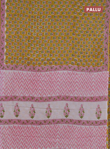 Jaipur cotton saree mustard yellow and pink with allover floral butta prints and printed border