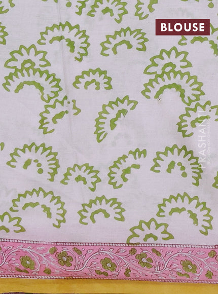 Jaipur cotton saree mustard yellow and pink with allover floral butta prints and printed border