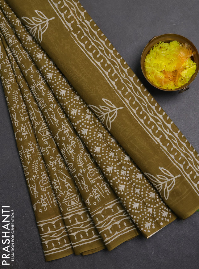 Jaipur cotton saree mehendi green with allover warli prints and printed border