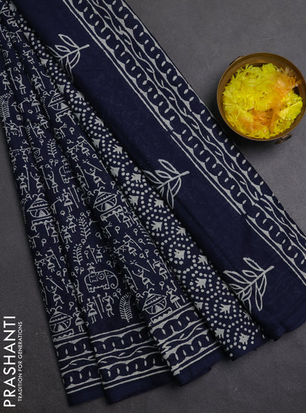 Jaipur cotton saree navy blue with allover warli prints and printed border