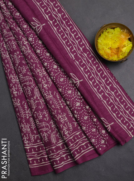 Jaipur cotton saree magenta pink with allover warli prints and printed border