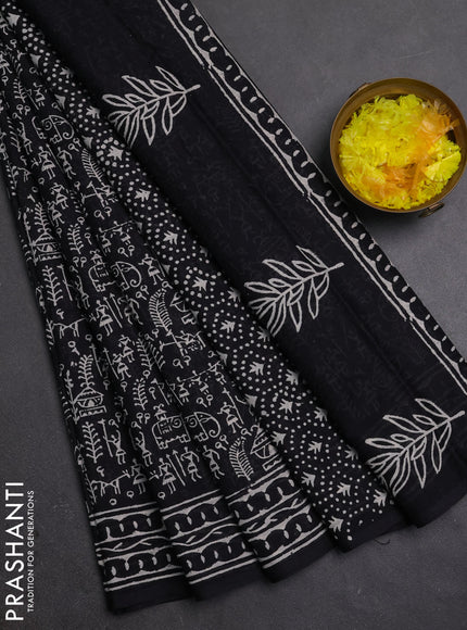 Jaipur cotton saree black with allover warli prints and printed border