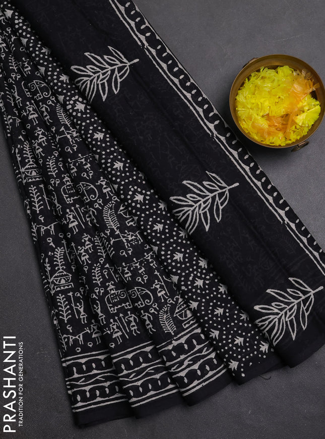 Jaipur cotton saree black with allover warli prints and printed border