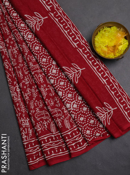 Jaipur cotton saree maroon with allover warli prints and printed border
