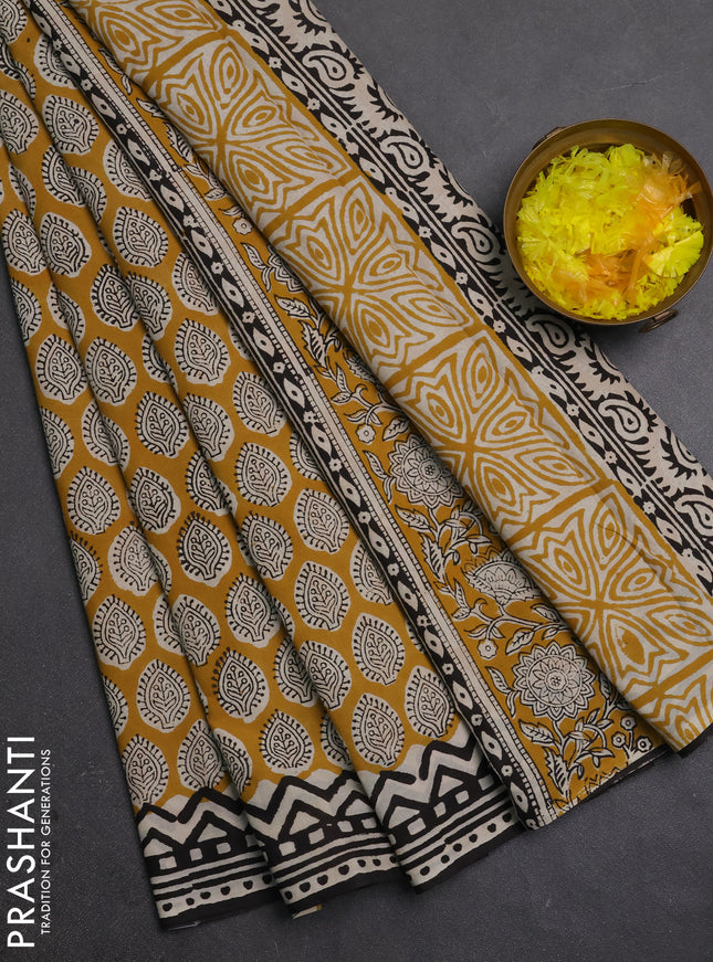 Jaipur cotton saree mustard yellow and black with allover butta prints and printed border