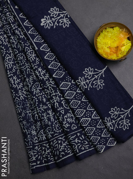 Jaipur cotton saree navy blue with allover warli prints and printed border