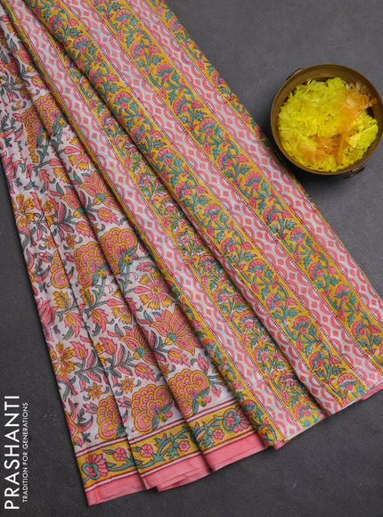 Jaipur cotton saree off white and peach pink with allover floral prints and printed border