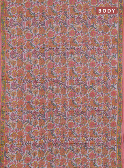 Jaipur cotton saree off white and peach pink with allover floral prints and printed border