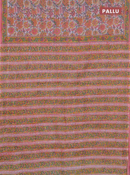Jaipur cotton saree off white and peach pink with allover floral prints and printed border