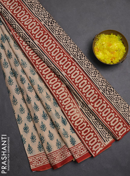 Jaipur cotton saree beige green and maroon with allover butta prints and printed border