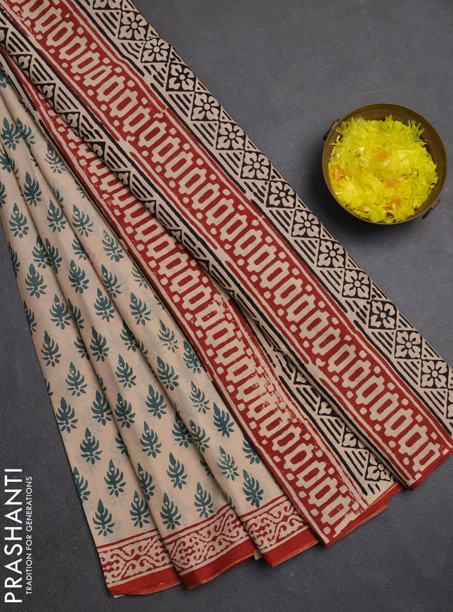 Jaipur cotton saree beige green and maroon with allover butta prints and printed border