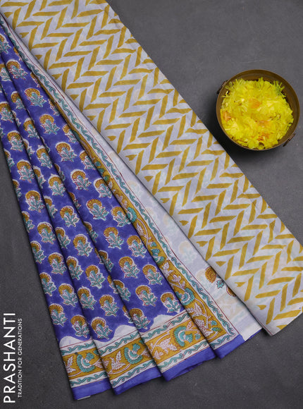 Jaipur cotton saree royal blue and mustard yellow with allover butta prints and printed border