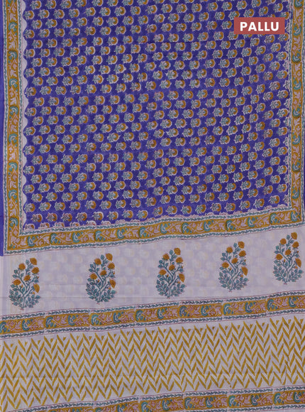 Jaipur cotton saree royal blue and mustard yellow with allover butta prints and printed border