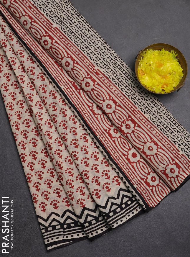 Jaipur cotton saree beige maroon and black with allover butta prints and printed border