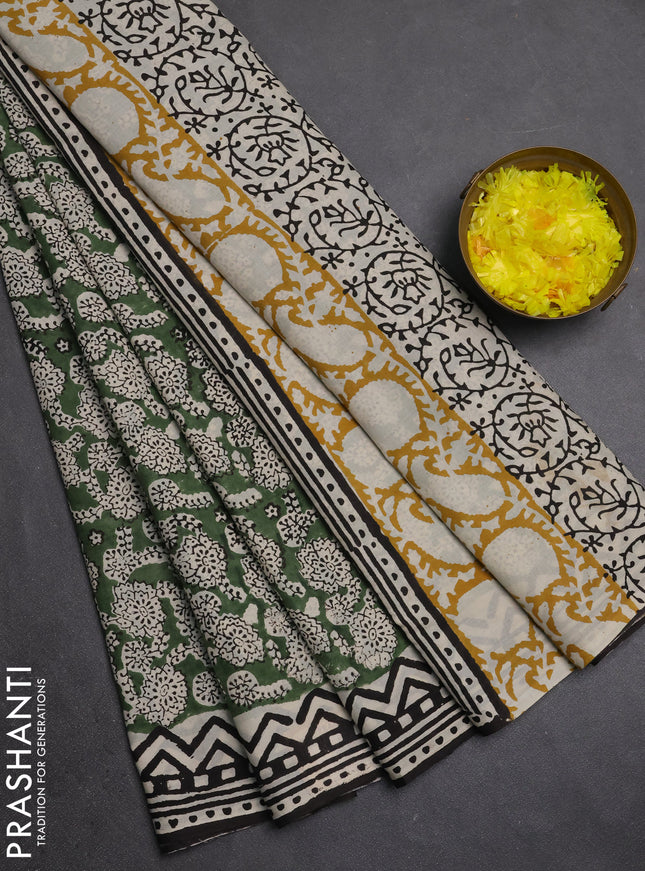 Jaipur cotton saree green and black with allover prints and printed border