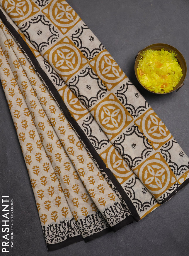 Jaipur cotton saree beige mustard yellow and black with allover butta prints and printed border