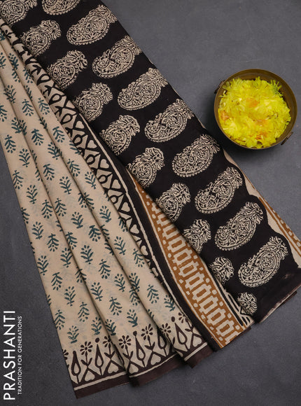 Jaipur cotton saree beige green and coffee brown with allover butta prints and printed border