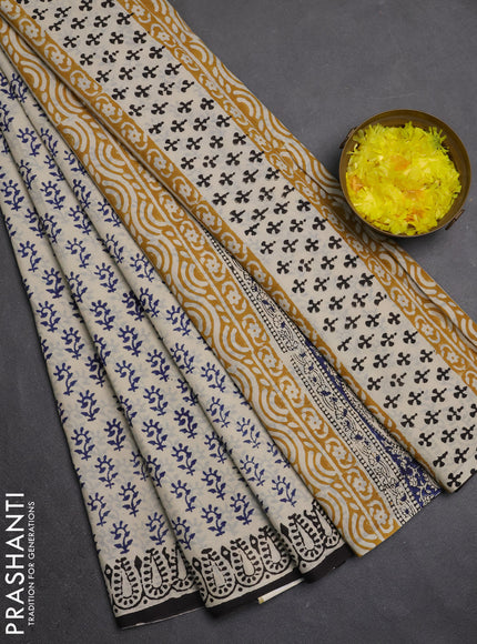 Jaipur cotton saree beige blue and black with allover butta prints and printed border