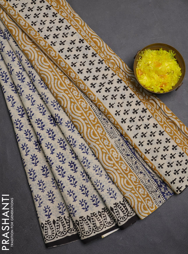 Jaipur cotton saree beige blue and black with allover butta prints and printed border