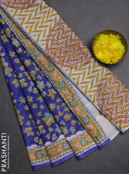Jaipur cotton saree royal blue and mustard yellow with allover floral prints and printed border