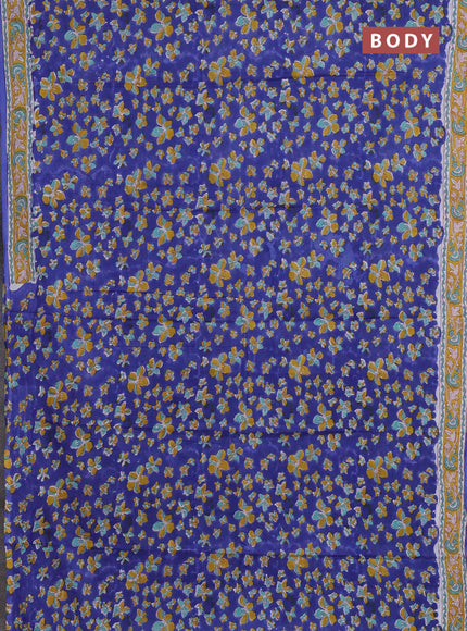 Jaipur cotton saree royal blue and mustard yellow with allover floral prints and printed border