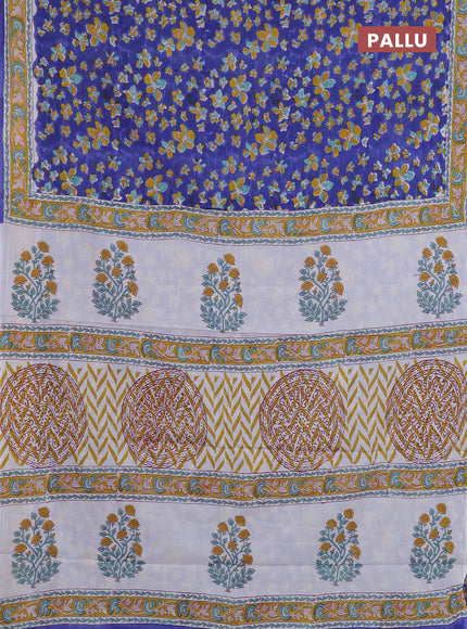 Jaipur cotton saree royal blue and mustard yellow with allover floral prints and printed border