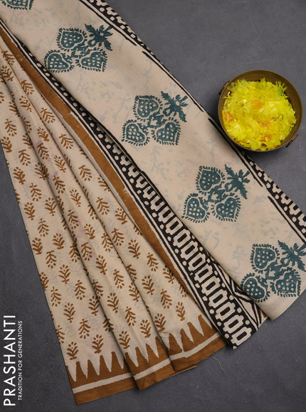 Jaipur cotton saree beige and dark mustard with allover butta prints and printed border