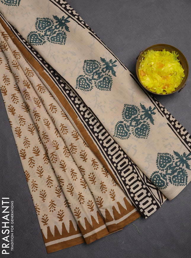 Jaipur cotton saree beige and dark mustard with allover butta prints and printed border