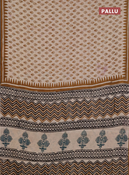 Jaipur cotton saree beige and dark mustard with allover butta prints and printed border