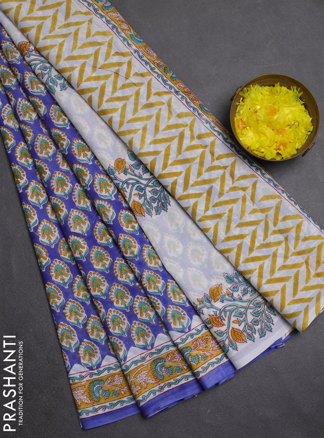 Jaipur cotton saree royal blue and mustard yellow with allover butta prints and printed border