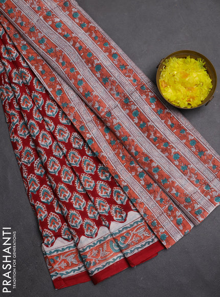 Jaipur cotton saree maroon and peach with allover butta prints and printed border