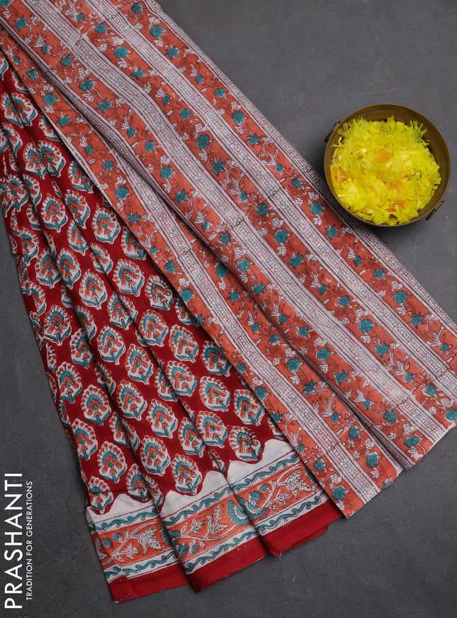 Jaipur cotton saree maroon and peach with allover butta prints and printed border